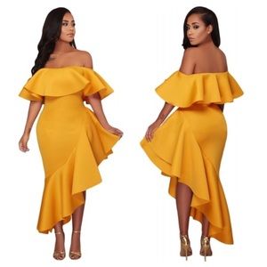 Yellow Asymmetric Ruffle Off Shoulder Party Dress
